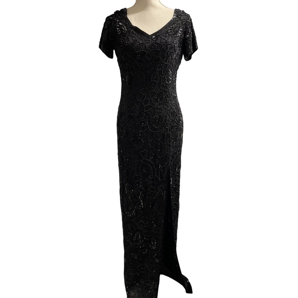 Adrianna Papell Evening Dress Gown Black Full Sequin Column Size 8‎ Prom Event
